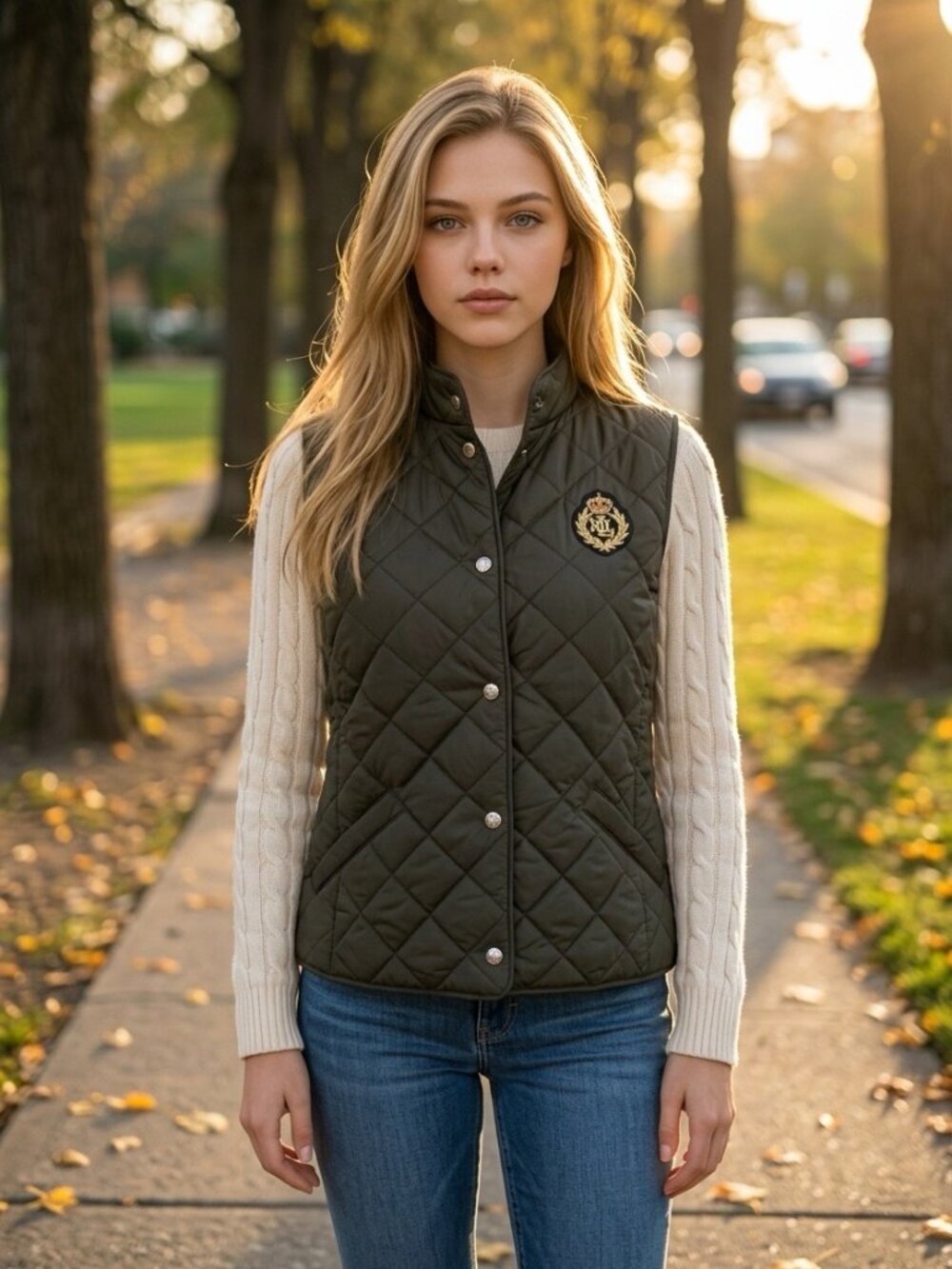 NWT Lauren Ralph Lauren Olive Quilted Crest Vest Size S